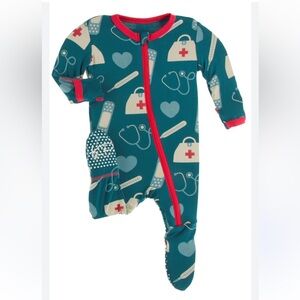 Kickee Pants Teal and Red Medical Print Footie